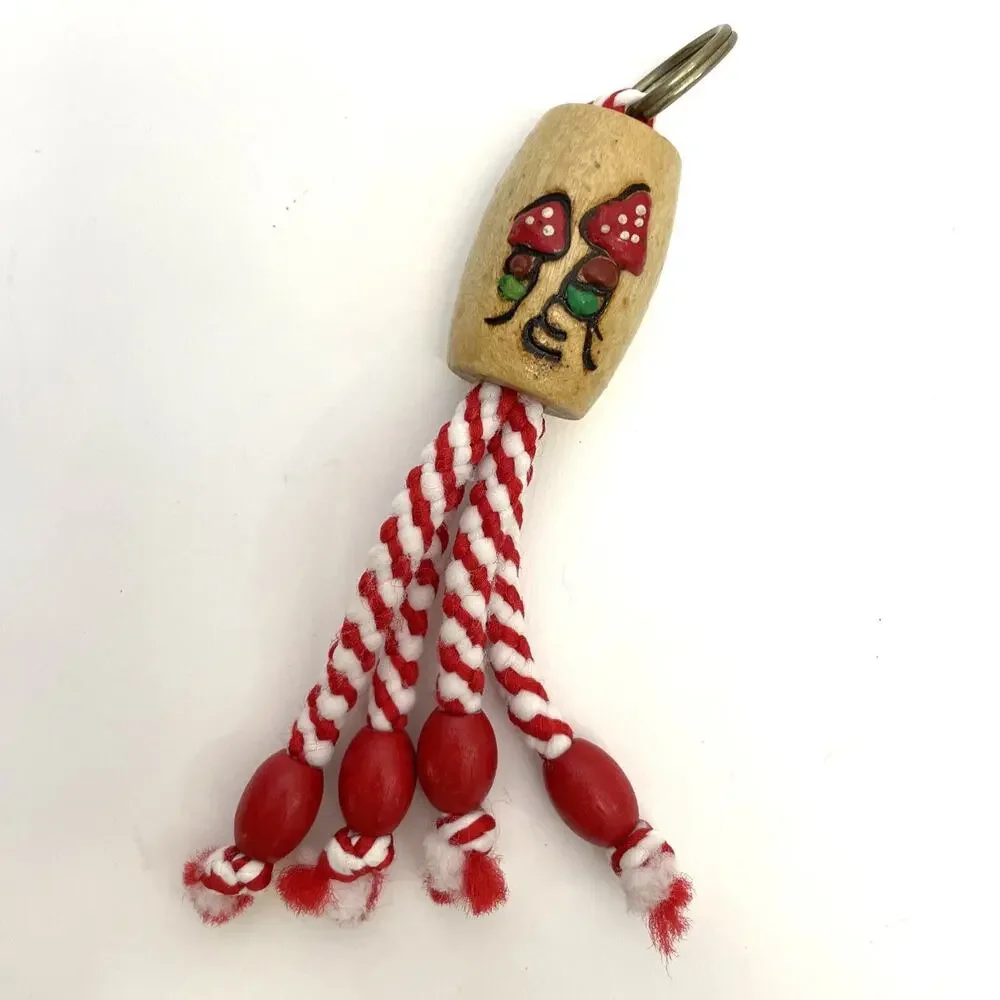 Rope & Wood Bead TASSEL KEYCHAIN Vintage 7” RED Mushroom Hippie 60s 70s 180